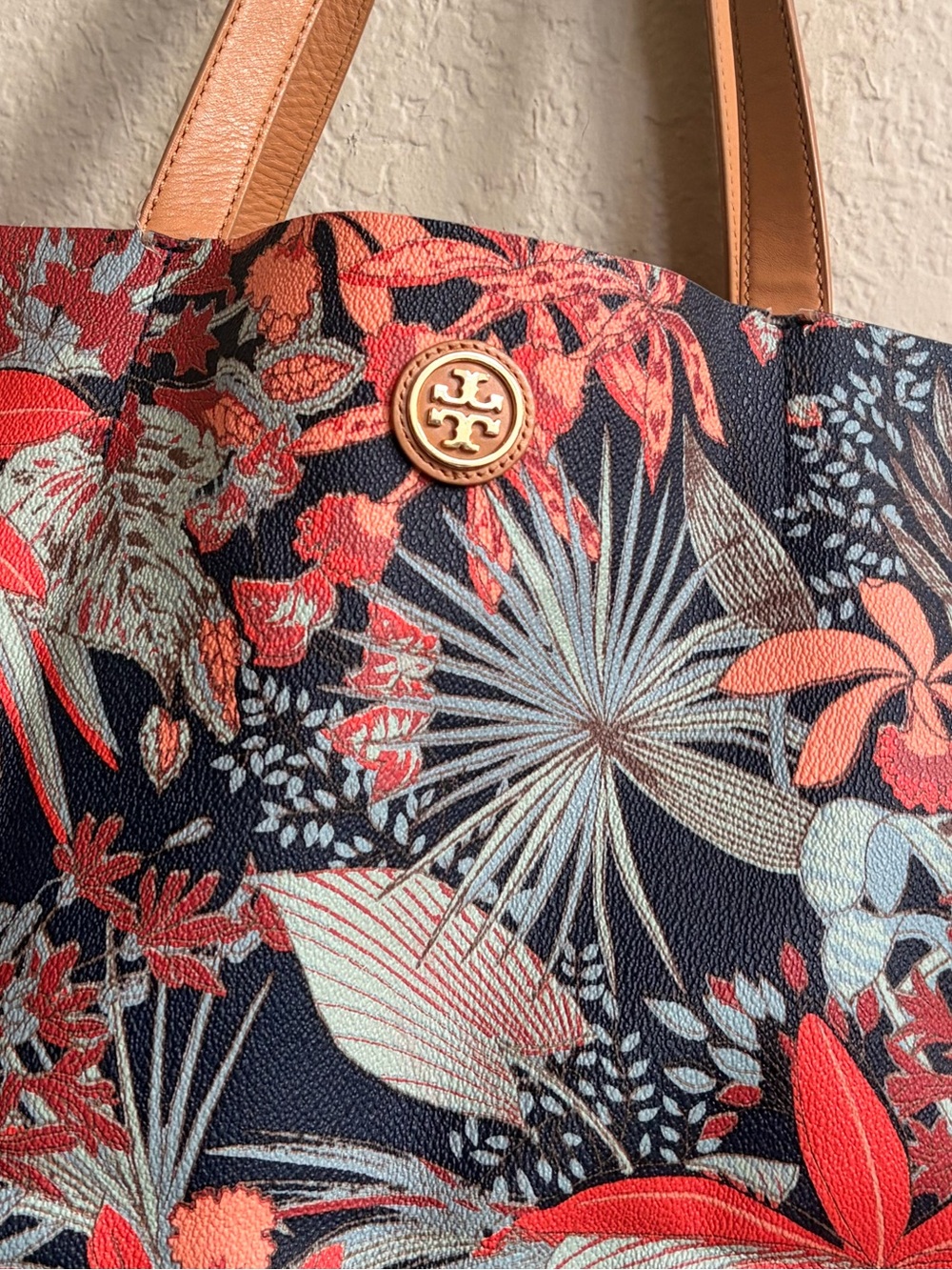 🌺Tory Burch Navy Tote with Coral Floral Pattern